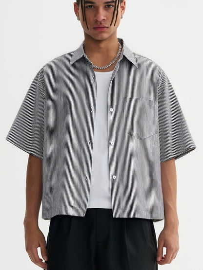 Unisex Casual Striped Shirt - Oversized, Loose Fit, Short Sleeve with Chest Patch Pocket | Lightweight Polyester Fabric | Perfect for Everyday, Beach, Party & Streetwear | Casual Attire | Chic Casual Style | Nontransparent Fabric