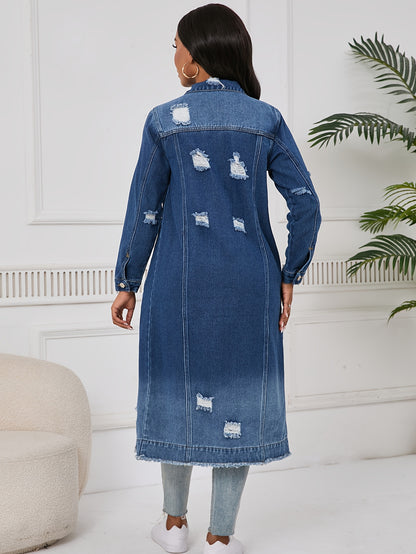 Long Ripped Denim Jacket with Real Pockets, Casual Windbreaker