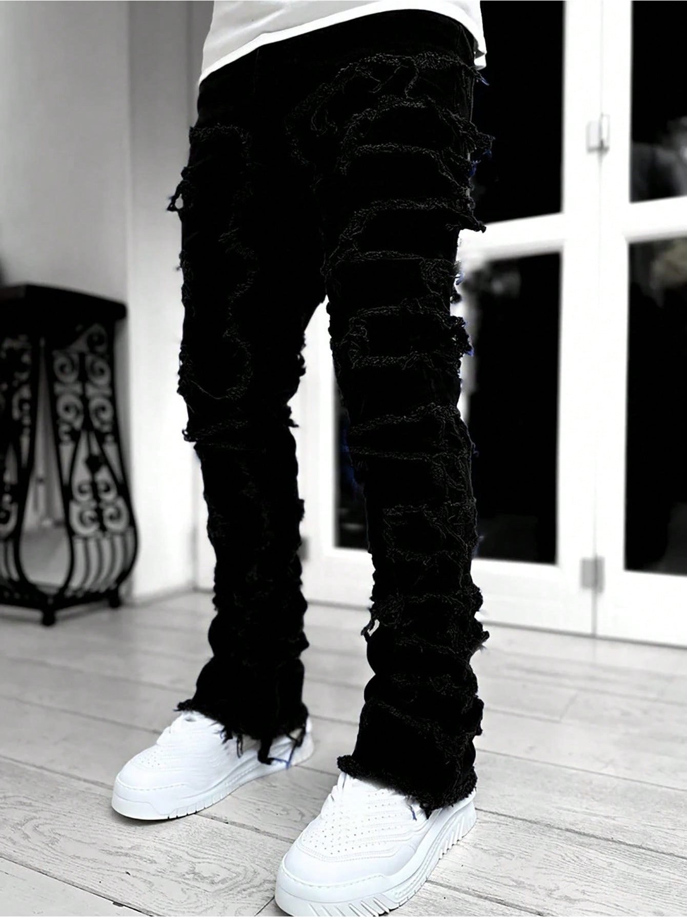 (Available In Five Colors) Teenager Ripped Jeans, Retro Street Style, High Street Patch Fabric, Popular Ripped Jeans, Fashionable Splicing, Slim Fit Jeans, Versatile Straight Jeans 1pc, Perfect for Outdoor, for Teenager