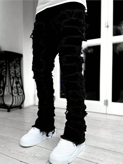 (Available In Five Colors) Teenager Ripped Jeans, Retro Street Style, High Street Patch Fabric, Popular Ripped Jeans, Fashionable Splicing, Slim Fit Jeans, Versatile Straight Jeans 1pc, Perfect for Outdoor, for Teenager