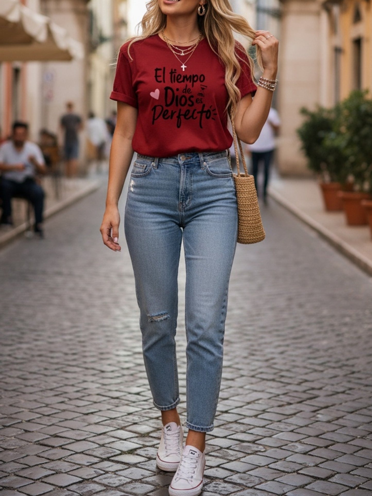 Women'S Olive Green Spanish Short Sleeve T-Shirt | "God'S Timing is Perfect" Inspirational Casual Top - Soft Everyday Shirt, Machine Washable, Suitable for Everyday and Special Occasions, Vacation Clothing, Printed with Alphabets, Medium Stretch