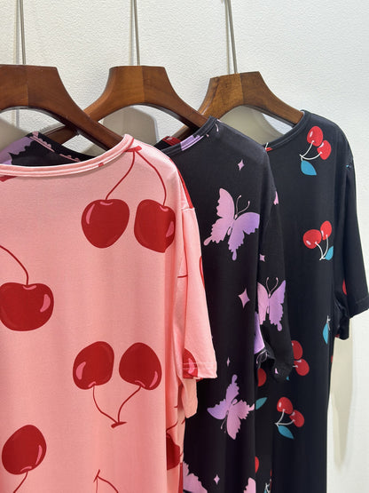 Set of 3 Plus-Size Nightgowns for Women Featuring a Casual Tie-Dye Print with Fruit And Cherry Designs in Shades of Pink