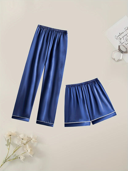 Women'S Solid Satin Casual Pajama Set, Short Sleeve Buttons Lapel Top & Shorts & Pants, Comfortable Relaxed Fit