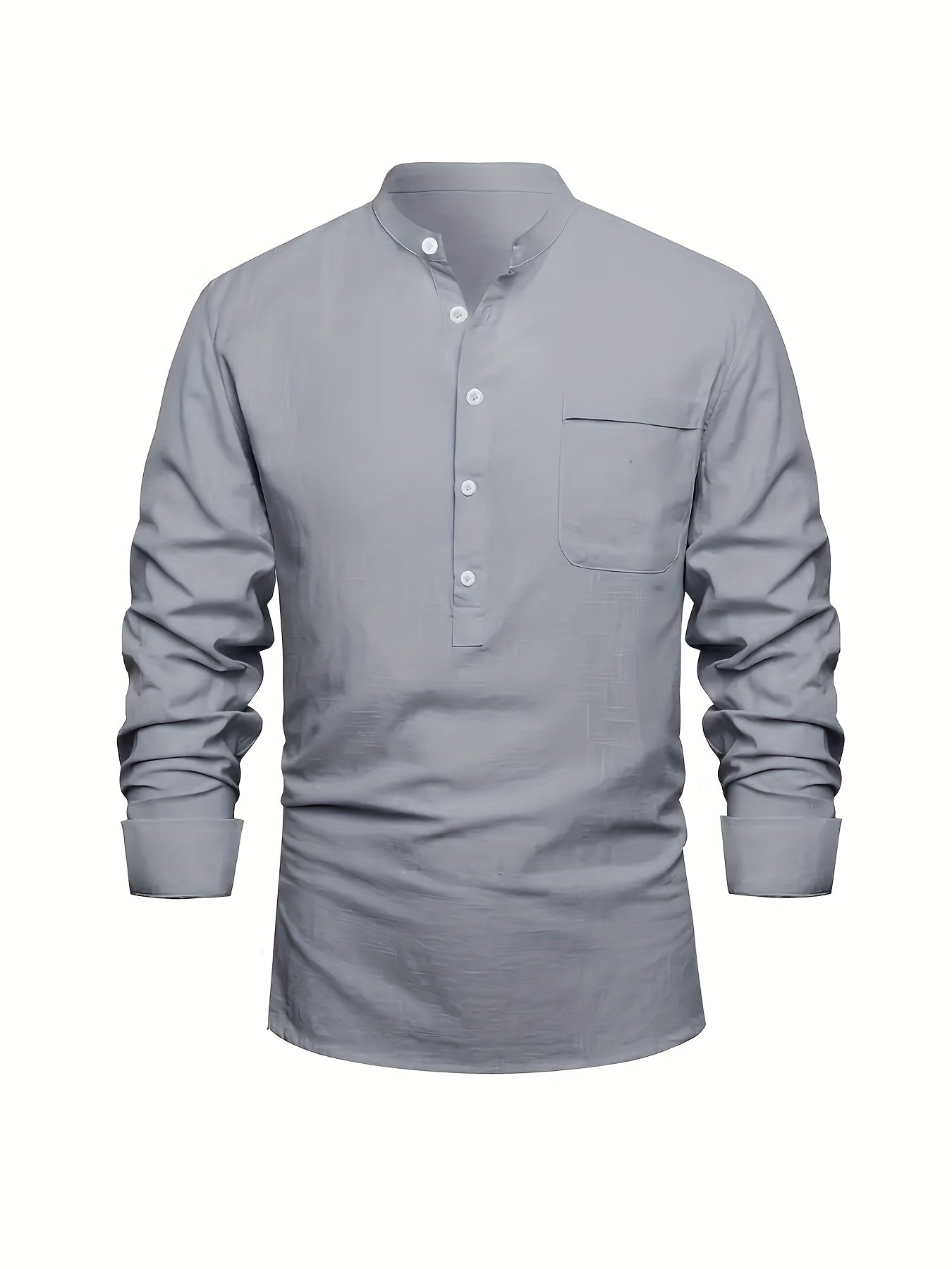 Plus Size Men'S Solid Shirt, Casual Breathable Half Button Cotton Blend Stand Collar Long Sleeve Shirt For Outdoor Activities, Men'S Clothing