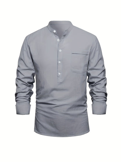 Plus Size Men'S Solid Shirt, Casual Breathable Half Button Cotton Blend Stand Collar Long Sleeve Shirt For Outdoor Activities, Men'S Clothing