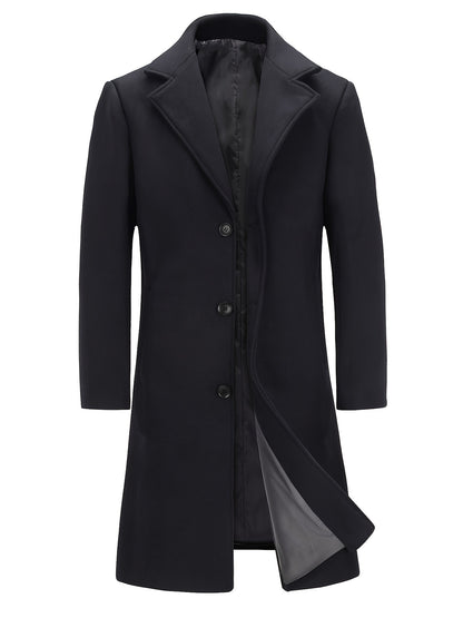 Mens Long Trench Coat Single Breasted Wool Blend Pea Coat Warm Winter Overcoat with Pockets