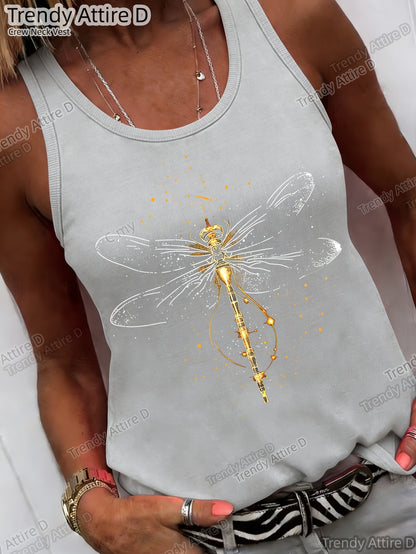 Fashionable Retro Dragonfly Print Crew Neck Top, Casual Short-sleeved Crew Neck Top with a Loose Fit, Washable All-season Comfort, Suitable Casual Wear Loose Fit Durable Prints, Suitable Various Holiday Gifts, Shipped from Local Warehouse
