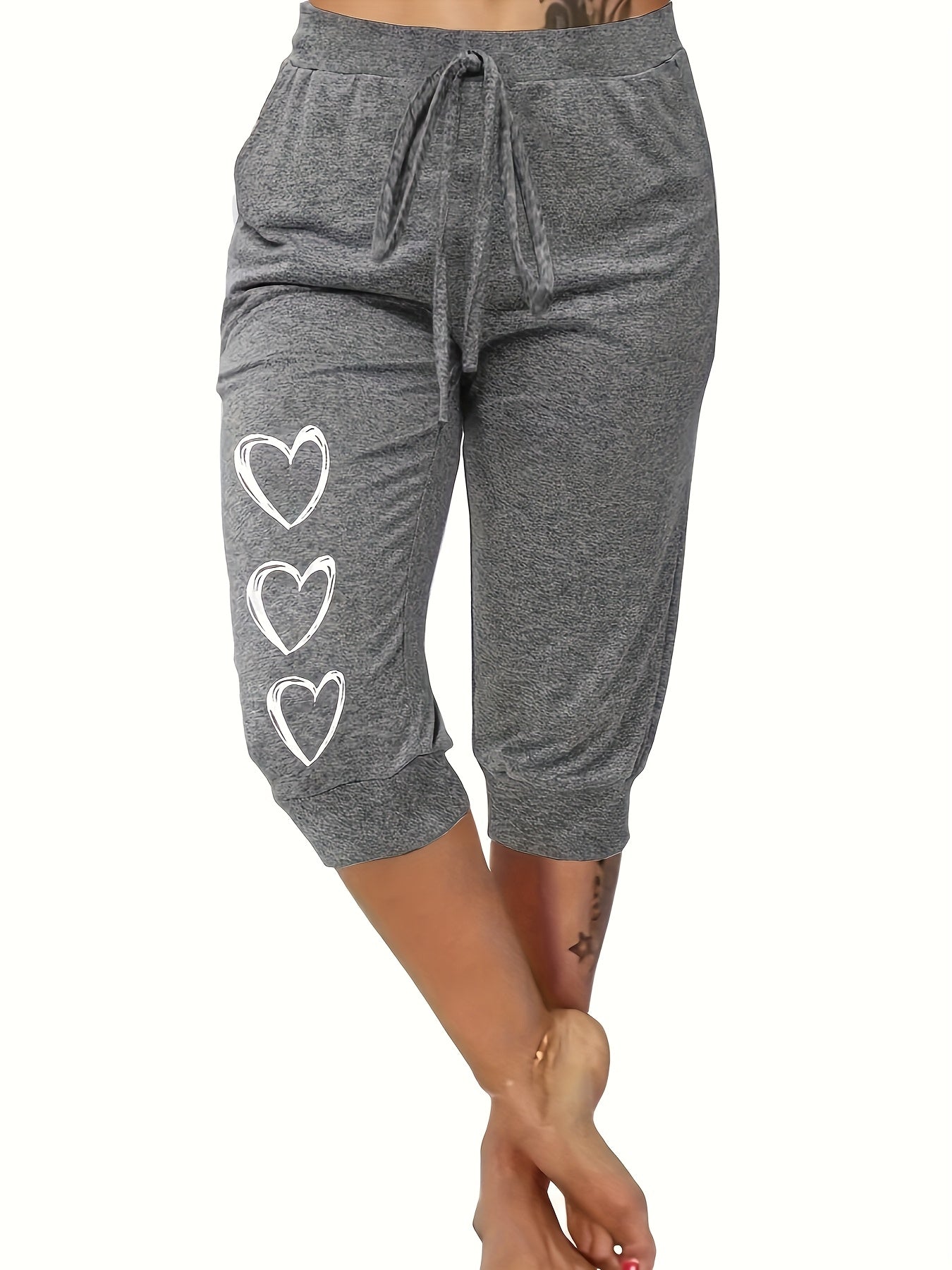3pcs Women's Plus Size Capri Pants with Heart Print, Minimalist Casual Fit, Very Comfortable Loungewear