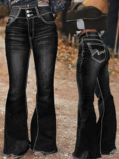 Women'S Denim Trousers Featuring Black Irregular Graphic Embroidery, a Spacious Back Pocket, High Waist, Flared Design, Durable Contrasting Color Wash, And Cat Whiskers, Embodying a Sophisticated Retro Aesthetic