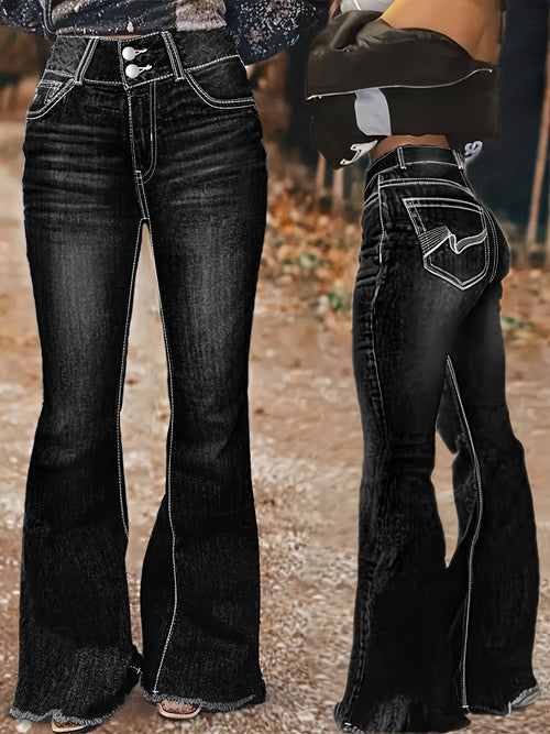 Women'S Denim Trousers Featuring Black Irregular Graphic Embroidery, a Spacious Back Pocket, High Waist, Flared Design, Durable Contrasting Color Wash, And Cat Whiskers, Embodying a Sophisticated Retro Aesthetic