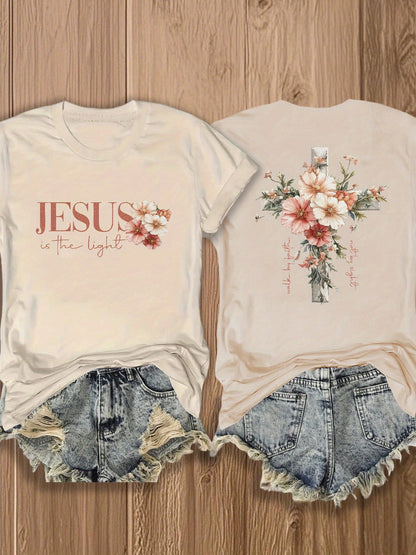 Jesus Floral Cross Double-Sided Print T-shirt - Stylish Faith-Inspired Design for Casual Wear, Perfect for Christian Women, Trendy and Comfortable -blend T-shirt with Double-sided Print