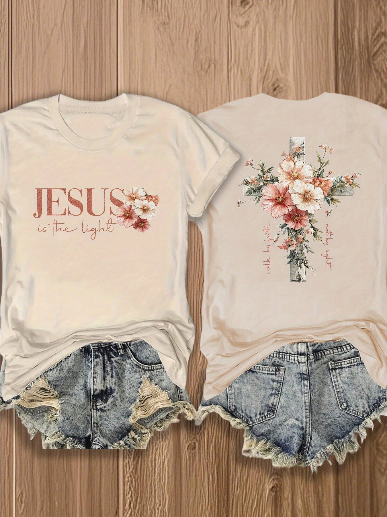 Jesus Floral Cross Double-Sided Print T-shirt - Stylish Faith-Inspired Design for Casual Wear, Perfect for Christian Women, Trendy and Comfortable -blend T-shirt with Double-sided Print