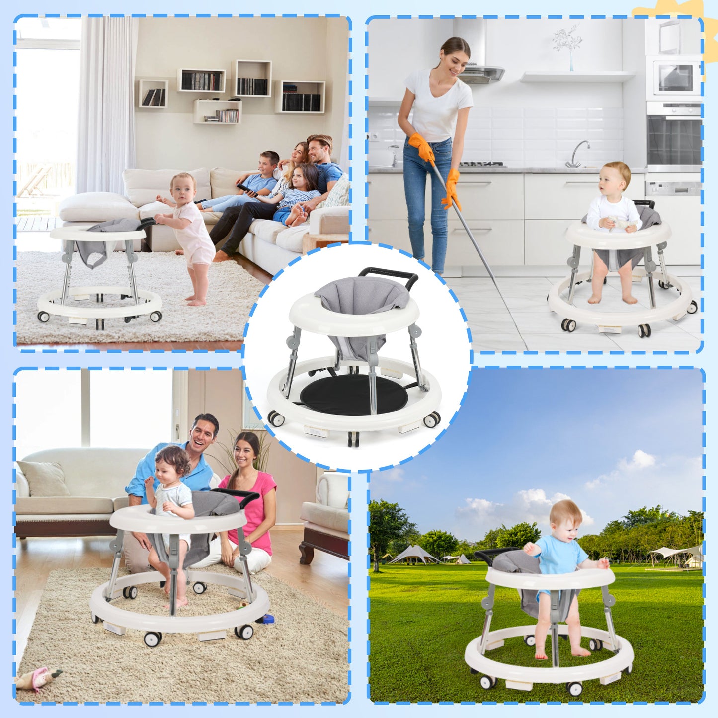 Baby Walker Foldable with 9 Adjustable Heights, Baby Walkers and Activity Center for Boys Girls Babies 6-12 Months, Baby Walker and Bouncer Combo with Wheels Portable Anti-Rollover, Mother's Choice