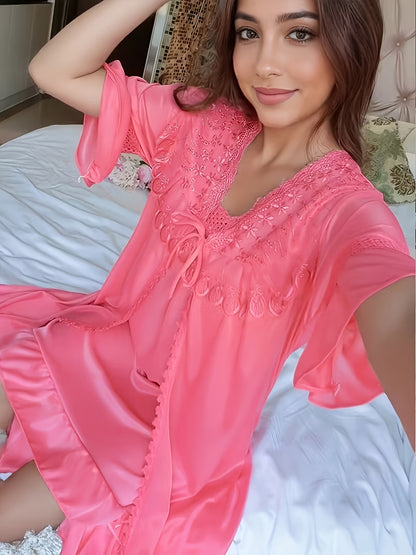 [Valentine's Day Christmas] Long Lace Robe Two-Piece Set y Satin Fabric Kimono Style Home Wear Ruffle And Delicate Lace Trim The Fit Is Flowing And Elegant Ideal for Daily Use Or As A Fantastic Gift Choice for Valentine's Day And Christmas
