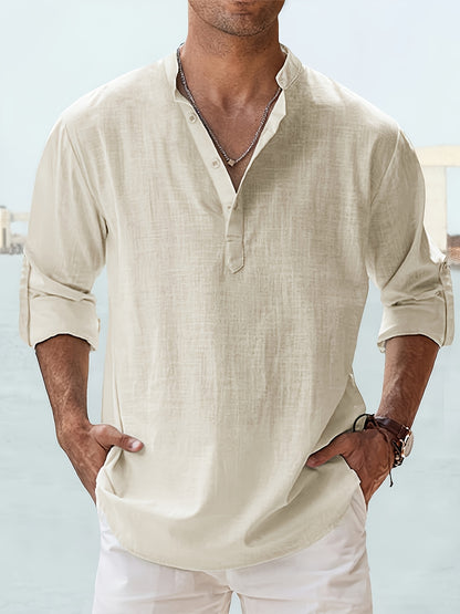 Large Size Men's Stand Collar Long Sleeve T-Shirt - Loose Fit, Solid Light Blue, Breathable Cotton Blend, Machine Washable, Summer Casual & Semi-Formal Shirt, PLUS SIZE