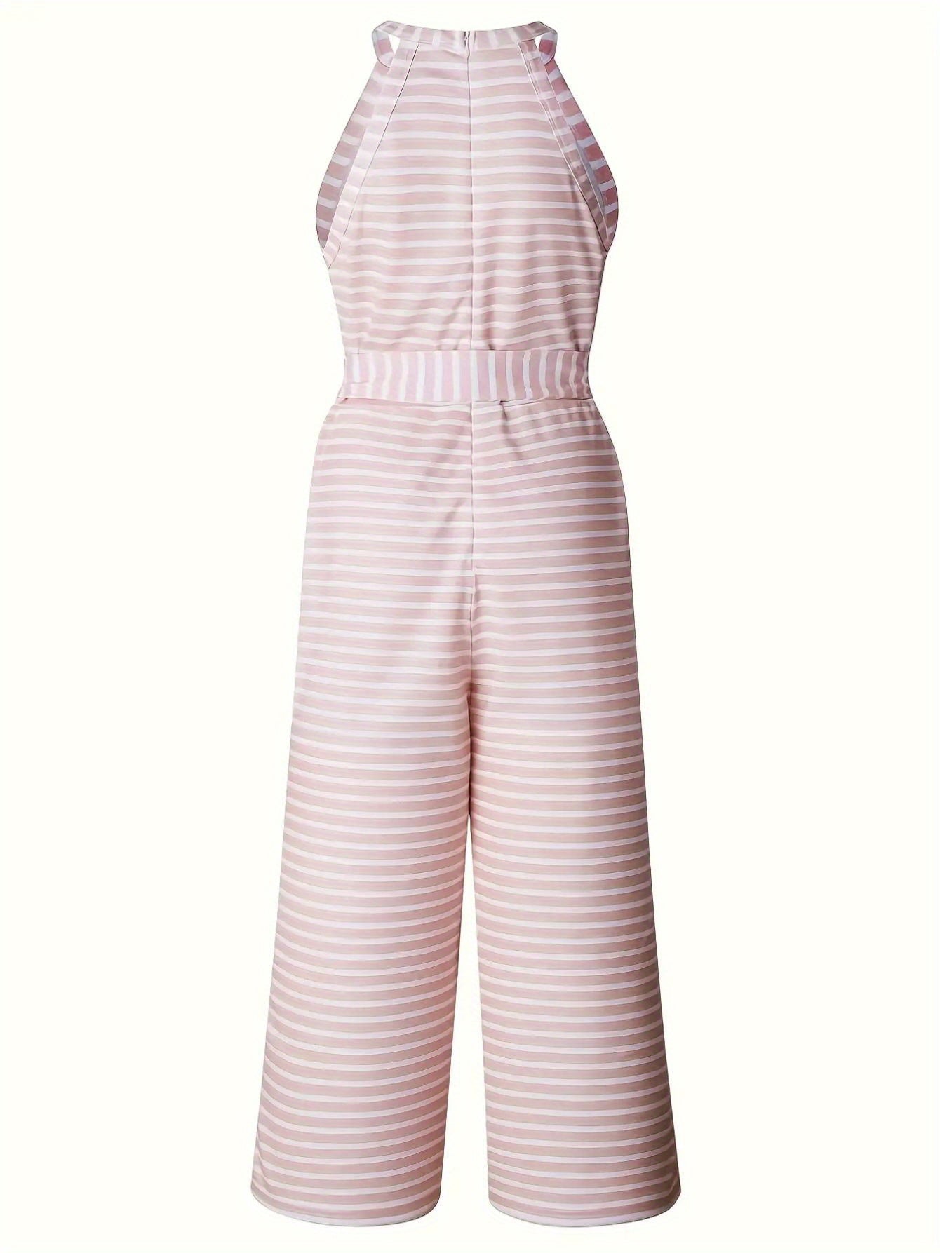 Women's Sleeveless Tank Top Jumpsuit with Decorative Bow Belt - High-Waisted Wide-Leg Pants, Black & White Vertical Stripes, Loose Fit Machine Washable Summer Outfit for Casual Outings & Beach Vacations, Ladies Tank Tops, Warm Weather Clothing, Breathable