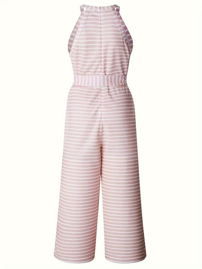 Women's Sleeveless Tank Top Jumpsuit with Decorative Bow Belt - High-Waisted Wide-Leg Pants, Black & White Vertical Stripes, Loose Fit Machine Washable Summer Outfit for Casual Outings & Beach Vacations, Ladies Tank Tops, Warm Weather Clothing, Breathable