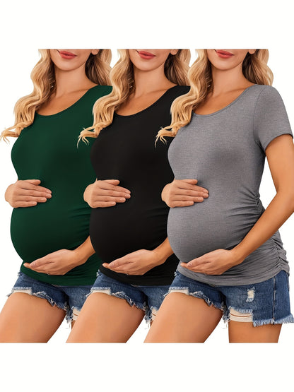 3 Packs Womens Maternity Shirts Side Ruched Pregnancy Tee Top Tunic Blouse Casual Mama Clothes