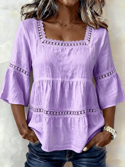 [Lace Blouse] New Summer Women's Square-Neck Lace-Panel Blouse: Loose-Fit, Shirt with 3/4-Length Bell Sleeves; Breathable -Linen Shirt with Openwork Lace for a Vacation-Inspired Look