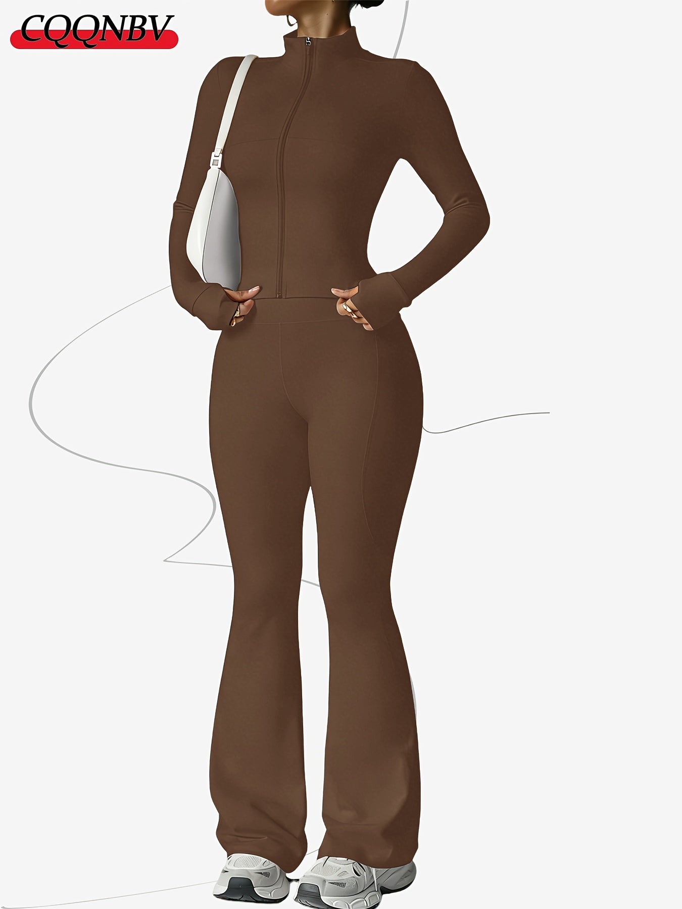 Zippered Long-sleeved Top with Flared Pants Set - Fashionable And Elegant Women's Outfit for Daily Casual Wear, And S. Available In Black, Gray And Beige Colors. Women's Tight Casual Outdoor Attire.