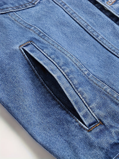 1pc Men'S Casual Denim Jacket, 80% 20%, Solid Color, Lapel Collar, Non-Stretch Woven Fabric, Regular Fit with Pockets