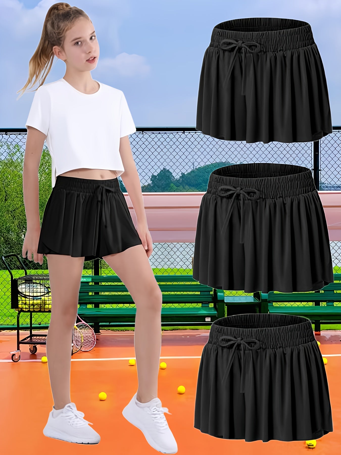 EXARUS 3-Pack Girls Flowy Shorts 2-In-1 Preppy Butterfly Skirt with Spandex Lining for Cheerleading Sports Fitness Teen Trendy Skirt Pants