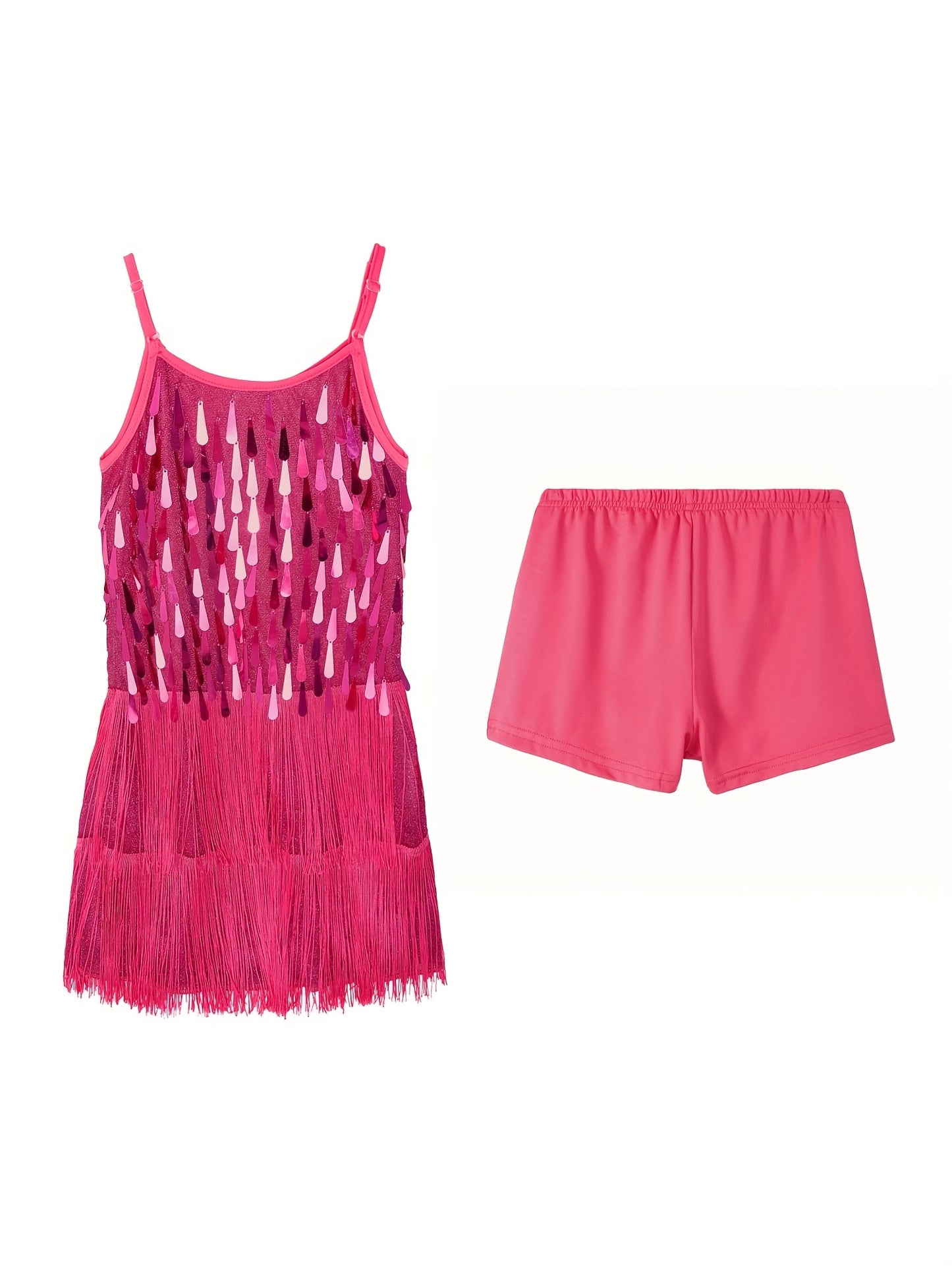 Girls Sequin Dance Dress Fringe Flapper Two-Piece Set Shiny Tassel Latin Dance Chukka Dress With Adjustable Straps And Short