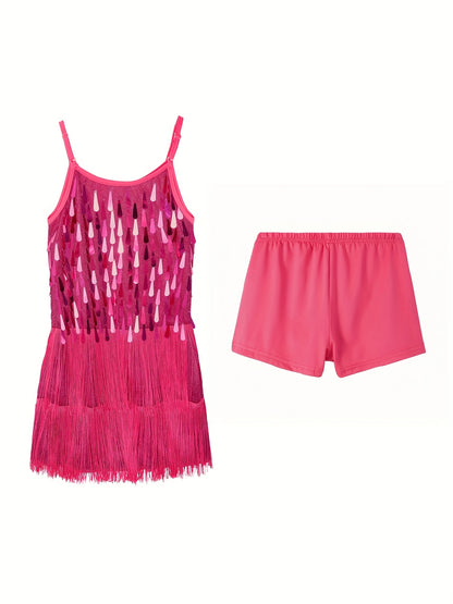 Girls Sequin Dance Dress Fringe Flapper Two-Piece Set Shiny Tassel Latin Dance Chukka Dress With Adjustable Straps And Short