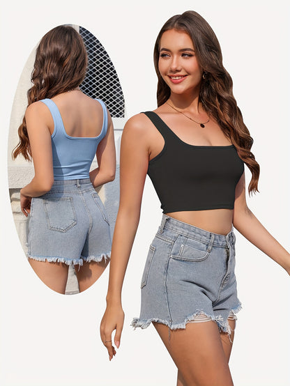 Set of Three Women'S Crop Tank Tops, Featuring a Seamless Ribbed Design, Sleeveless Square Neck, Perfect for Summer Workouts, And