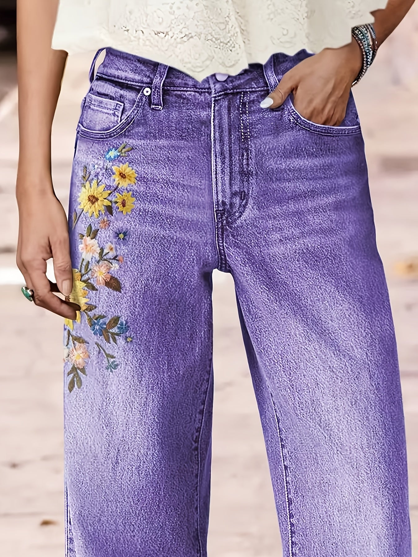 Women's High-Waisted Washed Embroidered Jeans - Straight Leg Pants with Beltless Design, Stretch & Machine Washable for All-Season Wear (Casual & Dressy)
