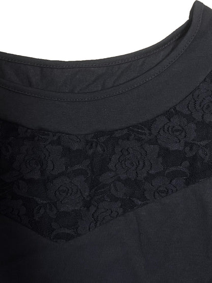 Plus Size - Plus Size - Plus Size Mesh Panel Tunic Shirt, Round Neck Floral Lace Yoke And Sleeves with Loose Fit Asymmetric Hem, Short Sleeve Stylish Black Top for Office Or Going Out, Flowy High-Low Hemline Lace Overlay Tunic Top