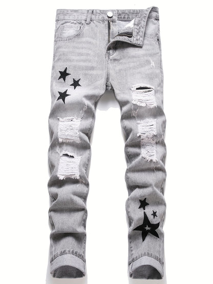 Men'S Torn Denim, Retro Faded Tapered Trousers, Basic Design, Slim Cut, Casual Pants for All Seasons, Ideal for Fall And Winter, Particularly for Christmas, Halloween, And Thanksgiving Presents