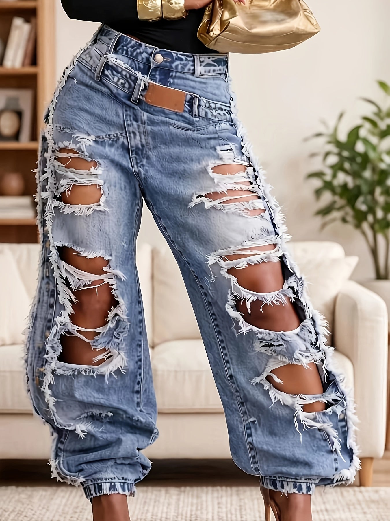 High-waisted Ripped Jeans with Cuffed Hems, Stylish, Trendy and Street-style