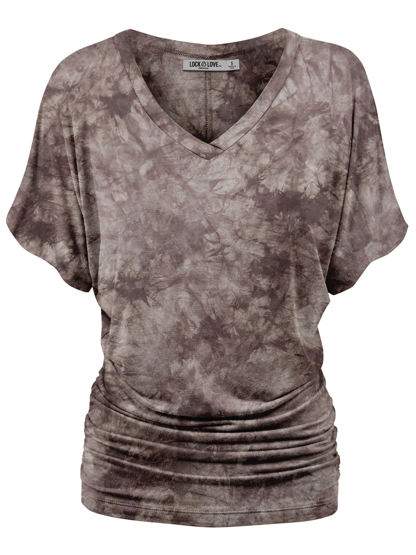 Women's Short Sleeve V Neck Tie-Dye Dolman Top w/Side Shirring