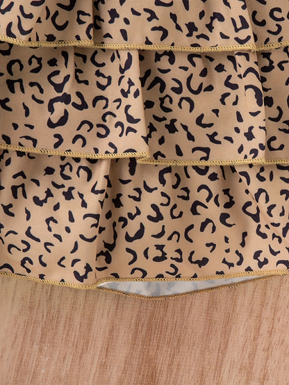 Three-Piece Vintage Leopard Print Outfit for Girls - Includes a Sleeveless Blend Bandeau Top, a Tiered Skirt, And a Matching Hat - Perfect Casual Summer Attire for Children Featuring Frill Accents