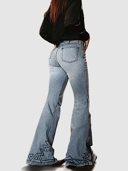 High-Waisted Flare Jeans with Geometric Hem Design, Light Blue Denim, Western Style