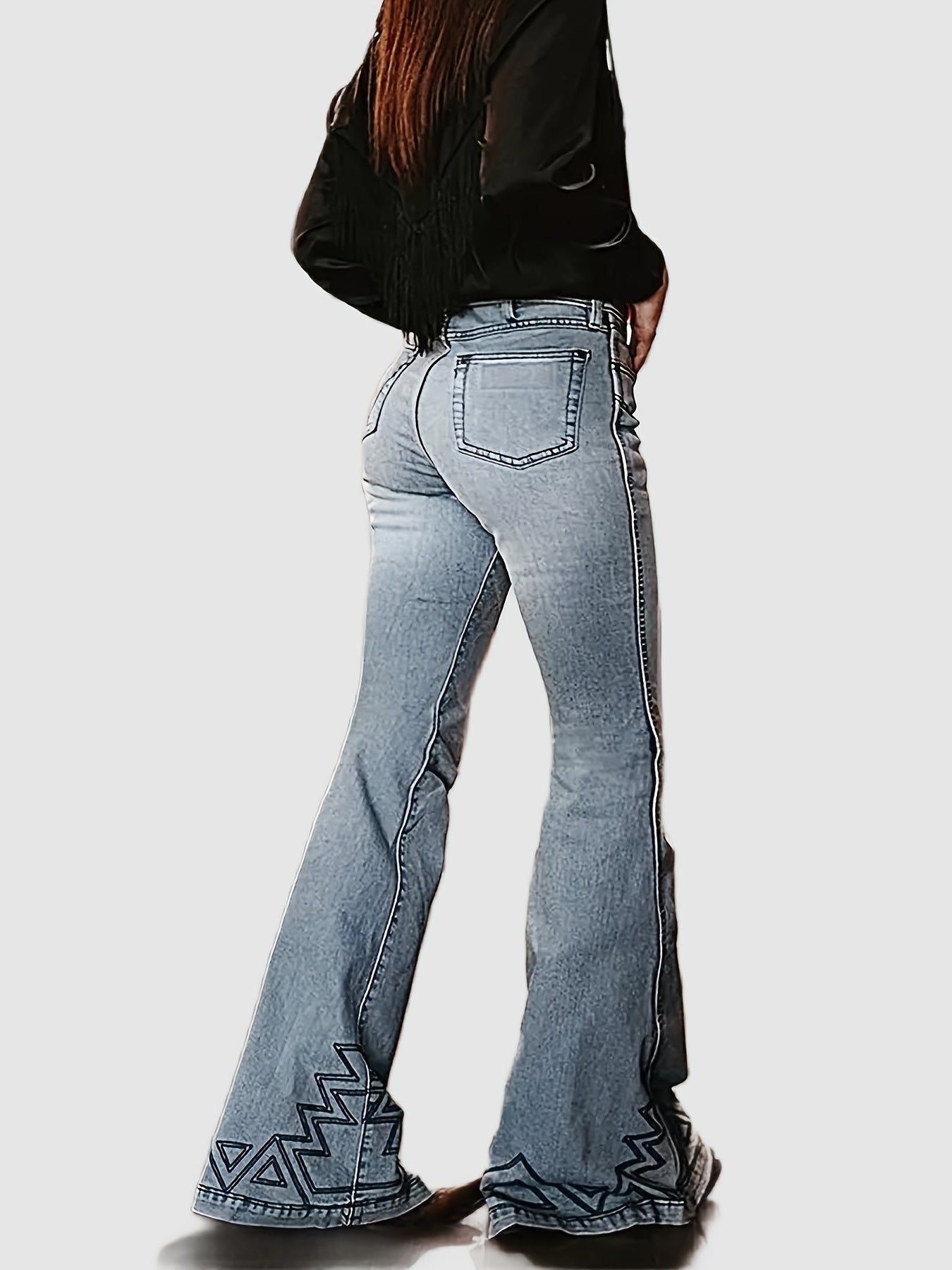 High-Waisted Flare Jeans with Geometric Hem Design, Light Blue Denim, Western Style