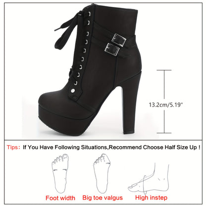 High Heel Boots for Women, Womens Platform Boot Heels Sexy Round Toe Lace UP High Heels Mid Calf Boots, Women Shoes