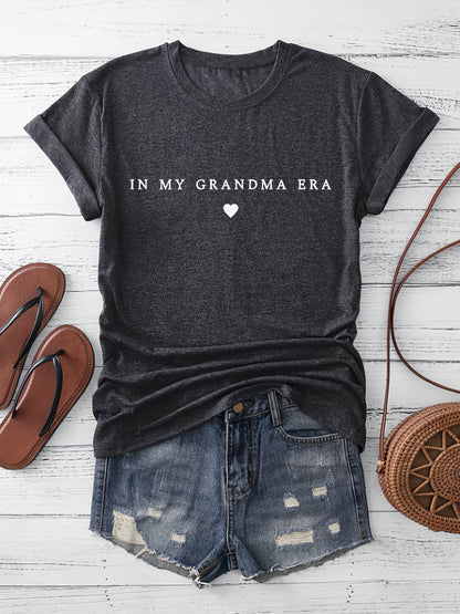 In My Grandma Era Heart Creative Digital Print Women's Casual T-shirt, Round Neck Short Sleeve T-shirt, Machine Washable, Simple and Versatile Breathable Spring and Summer Casual Style (vacation and Travel Theme)