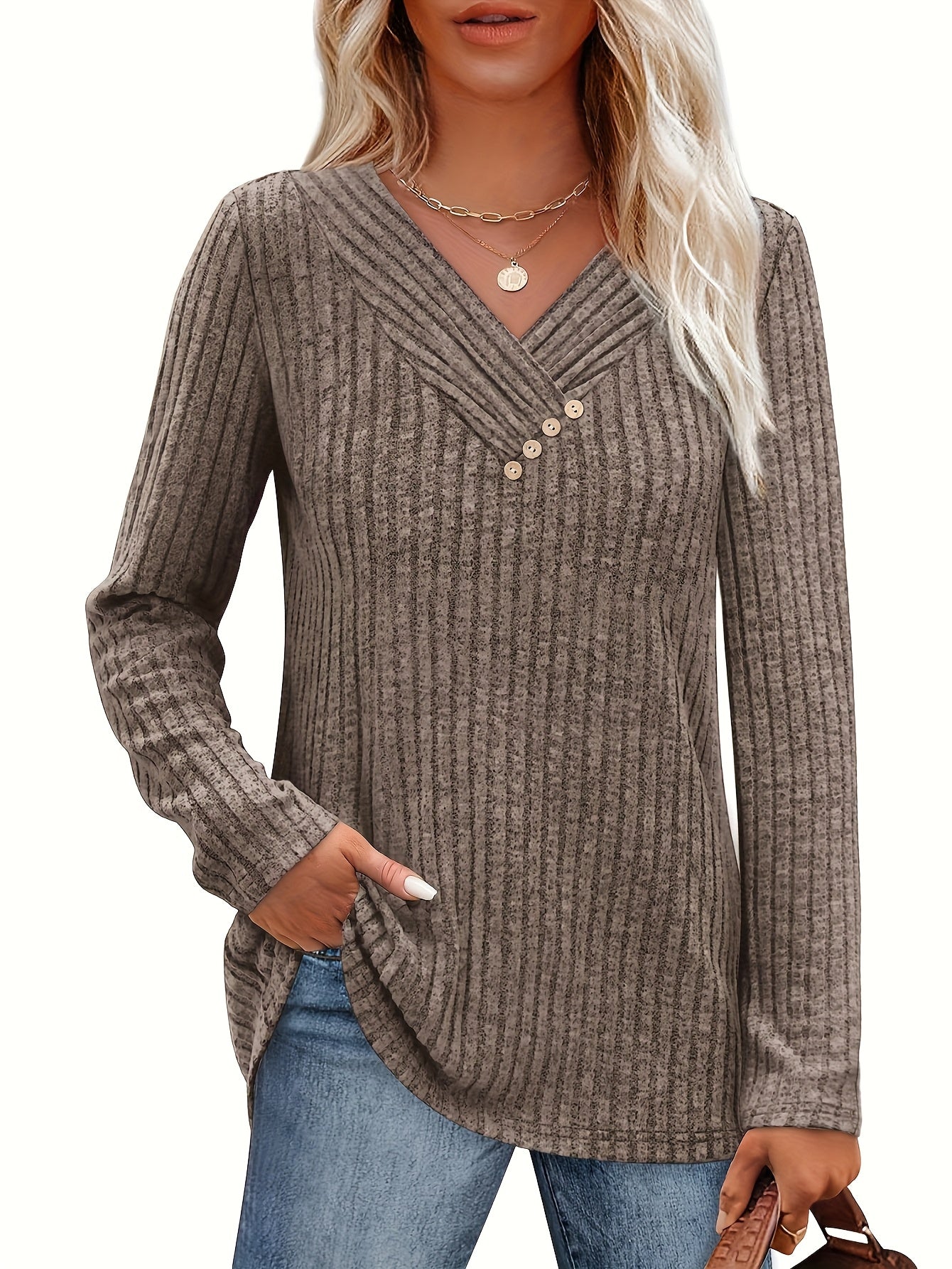 Two-piece Women'S Fashion Top, Casual Long-sleeved Pullover, V-neck Button, Thin Autumn And Winter Sweater, Cropped Sweaters for Women, Colourfull Loose Sweater for Women, Long Sweaters for Women, Everyday Outfit, Layering Piece, Vneck Design