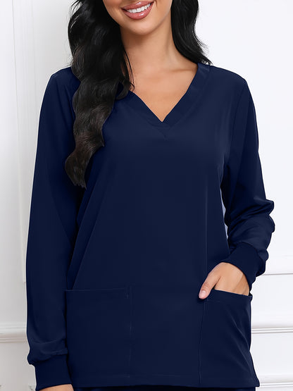 Women's V-Neck Long Sleeve Matte Breathable S Uniform Pockets Wash Clothes Work Shirt Scrubbing Top