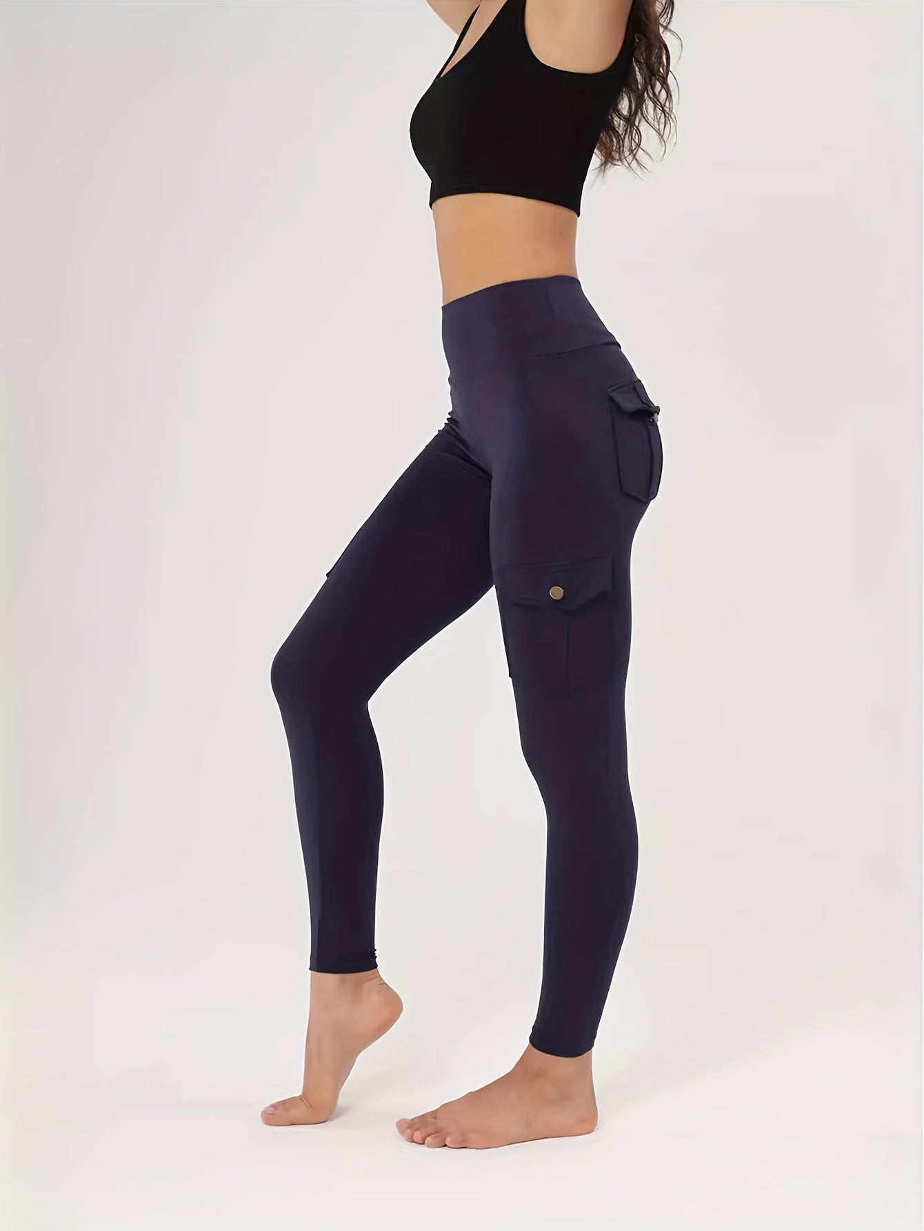 1pc High-Waisted Cargo Pocket Yoga Pants, Stretchy Skinny Sports Leggings, Quick-Dry Running Workout Pants, Butt Lifting, Street Style, Women's Fitness Trousers