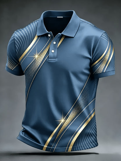 Plus-Size Plus-Size Men's Short-Sleeve Shirt, Light Luxury Navy Blue Golden Twill Glossy Men's Shirt with Golden Foil Print And Turn- Collar, Casual Commuter Top, PLUS SIZE