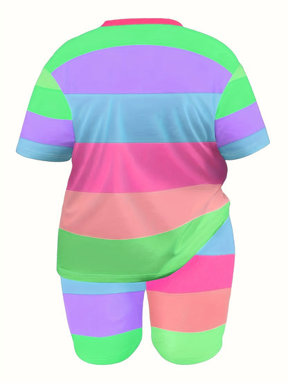 Plus Size, European And American Fashion Color-blocked Stripe Print Casual Shorts Set Plus Size Suit