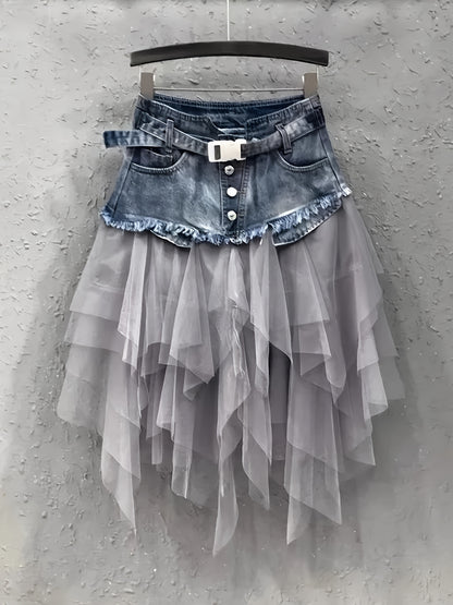 A Midi Skirt for Spring, Summer, And Autumn, Combining Denim And Tulle with a Trendy Raw-Edge Hem