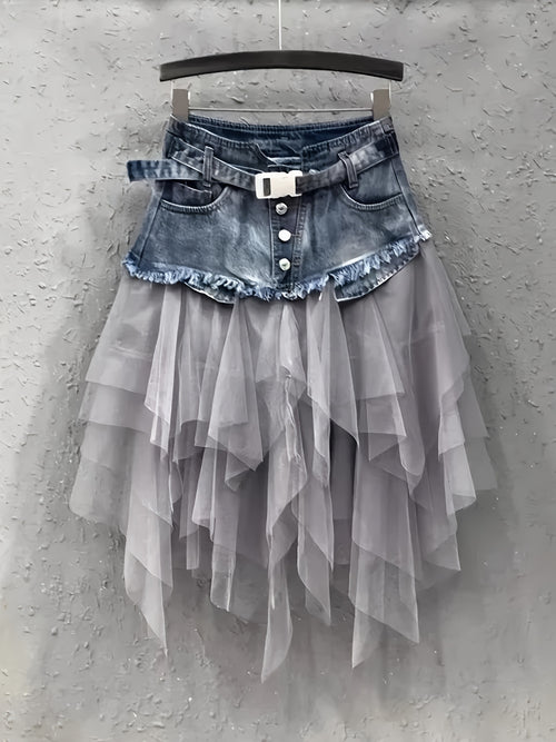 A Midi Skirt for Spring, Summer, And Autumn, Combining Denim And Tulle with a Trendy Raw-Edge Hem