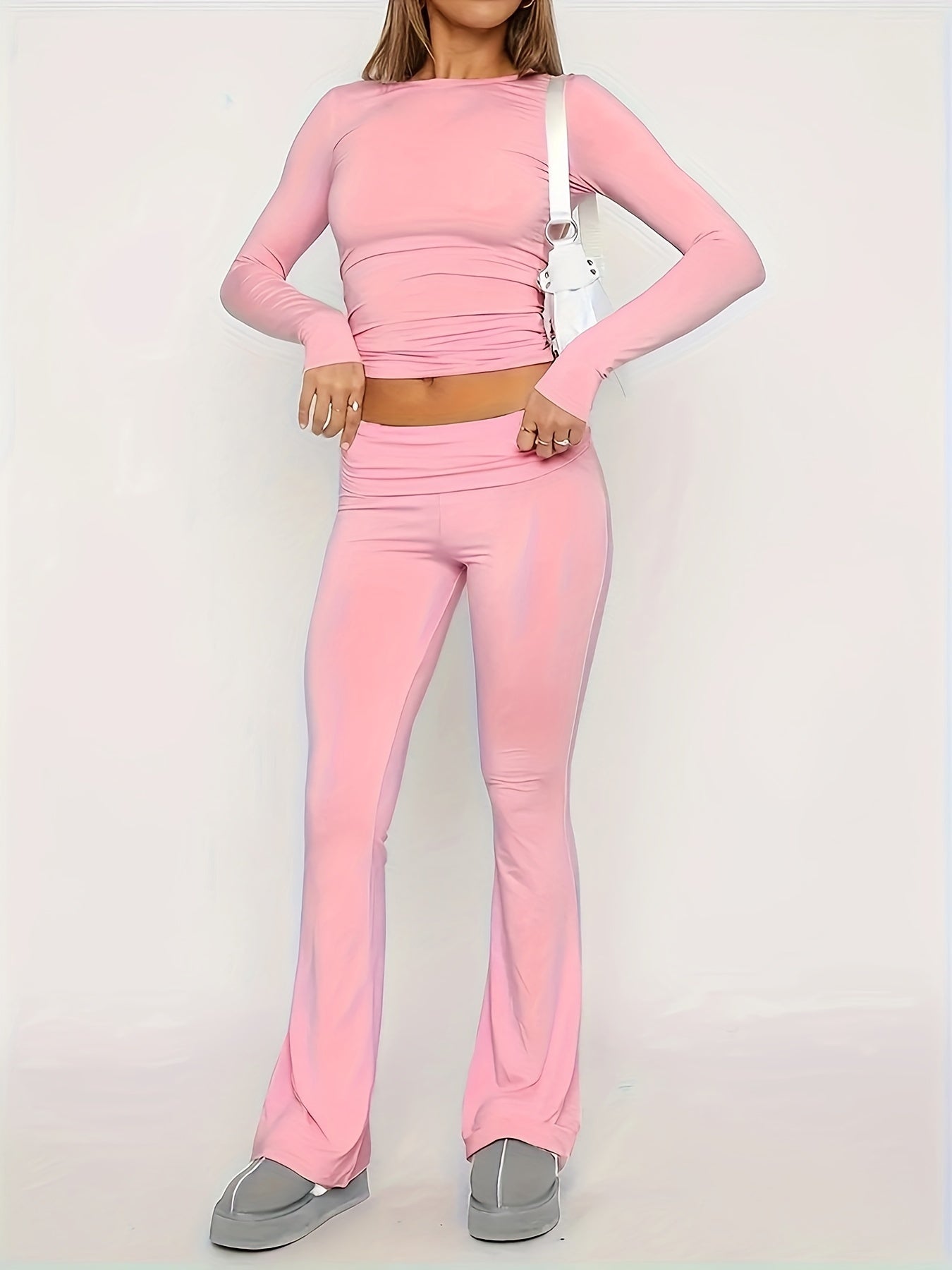 Casual Two Piece Outfits Long Sleeve High Waist Fold-Over Flare Flared Leggings Pants Sets Streetwear