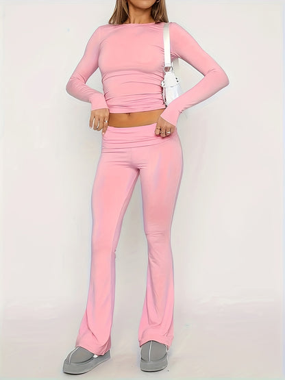 Casual Two Piece Outfits Long Sleeve High Waist Fold-Over Flare Flared Leggings Pants Sets Streetwear