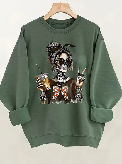 Skeleton - Themed with Trendy Accessories And Gestures Pattern Print Women's Sweatshirt, Comfortable All Seasons, Machine Washable