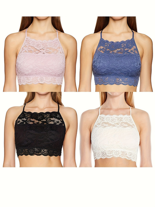 4 Pack High-Neck Lace Bralette for Women Racerback Floral Crop Top Vest Bra